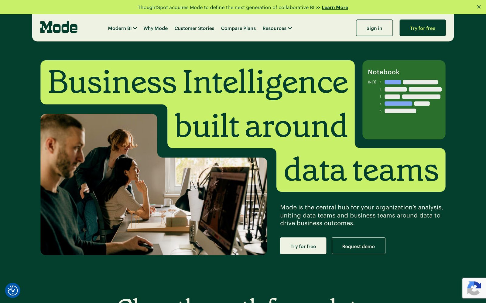 Mode homepage hero with Business Intelligence headline blocks